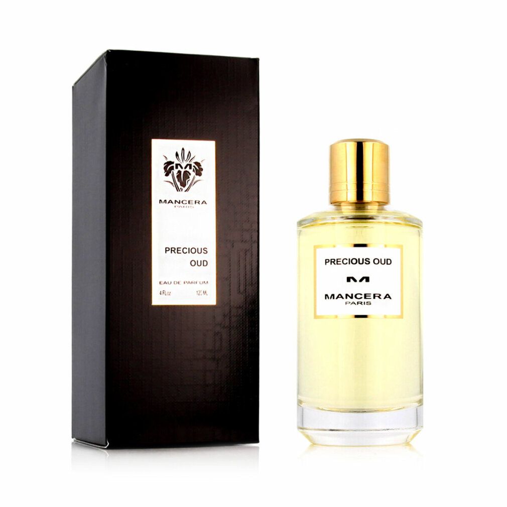 Mancera Precious Oud Eau de Parfum Spray-Flasche und schwarze Verpackung. Das Logo und der Produktname sind auf der Flasche und der Verpackung zu sehen.