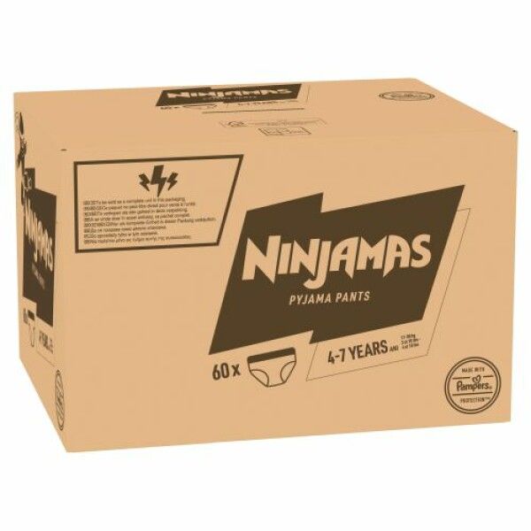 Braune Kartonverpackung mit Ninjamas Pyjama Pants. Enthält 60 Stück für 4-7 Jährige. Logo: Windel-Symbol, "Made with Pampers Protection".