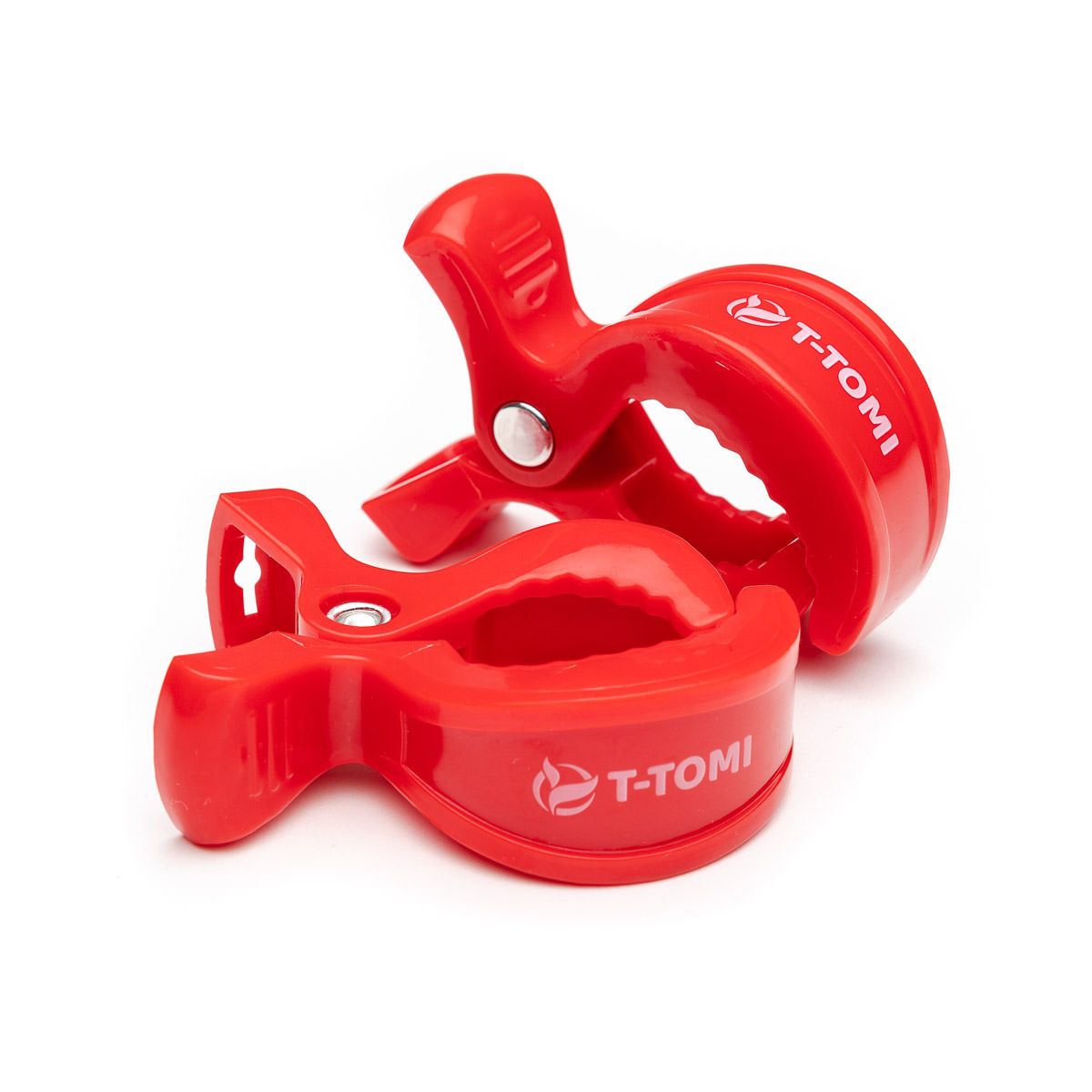 Zwei rote T-TOMI Clips mit Logo.