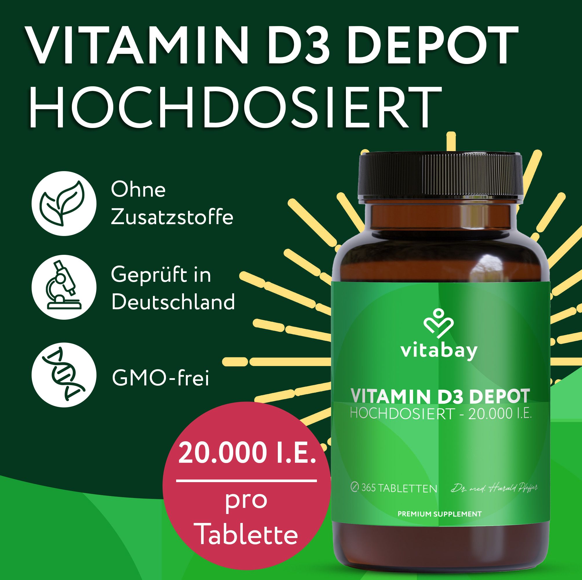 Braune Flasche mit grünem Etikett. Text: 20.000 I.E. pro Tablette. 365 Tabletten. Marke: Vitabay.