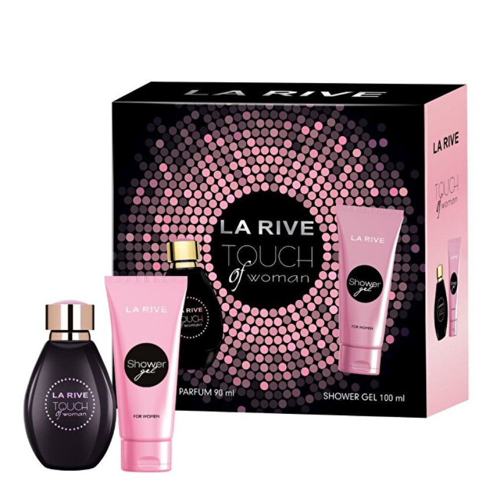 La Rive Touch of Woman Geschenkset. Schwarze Flasche, rosa Tube Duschgel. Verpackung mit Logo und Produktnamen.