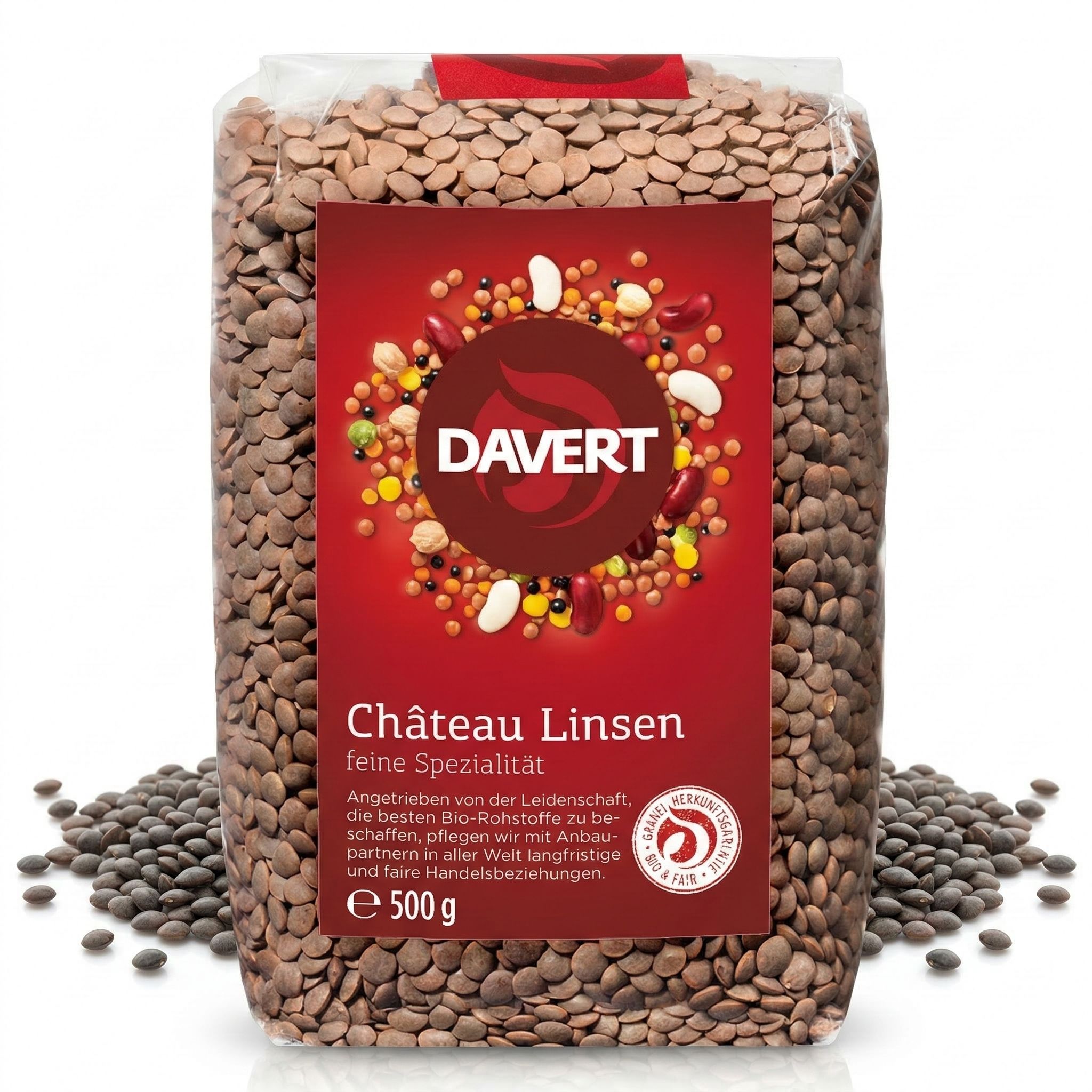 Davert Braune Teller-Linsen, 500g Packung mit Bio-Siegel. Linsen sind gut sichtbar.