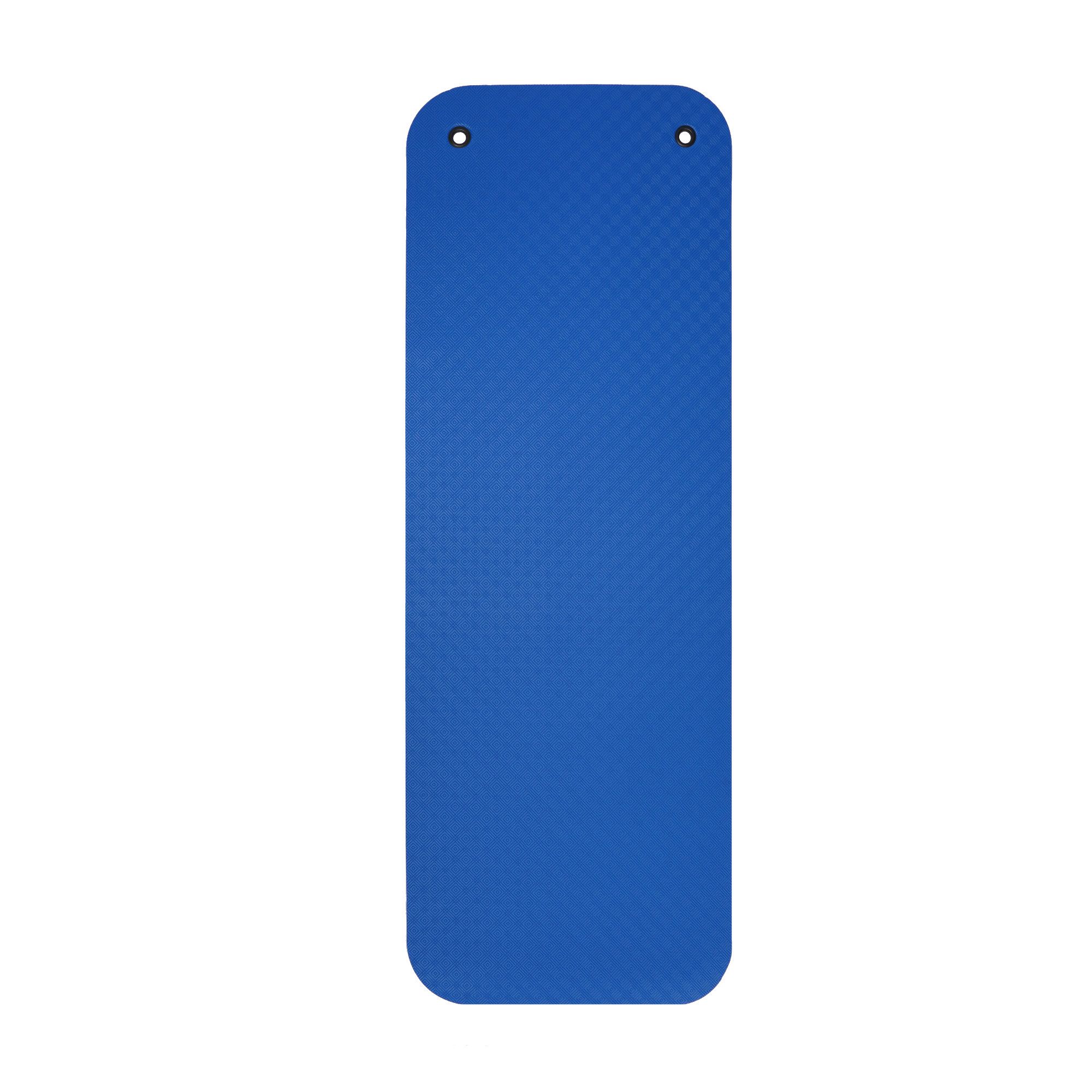 Dunkelblaue Gymnastikmatte mit Ösen und Rautenmuster.