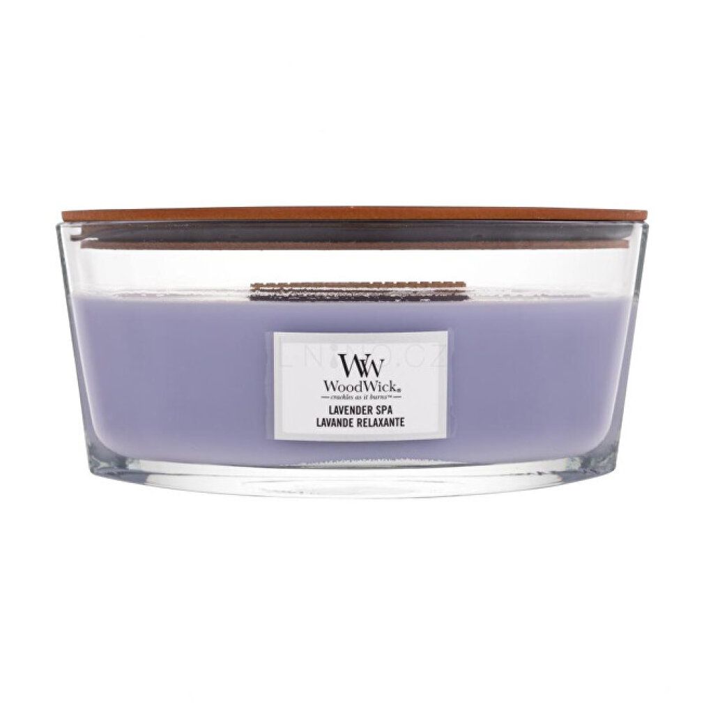 Ovale Kerze mit Holzdocht. Lavendelfarbener Wachs in Glasbehälter. Aufschrift: WoodWick, Lavender Spa, Lavande Relaxante.