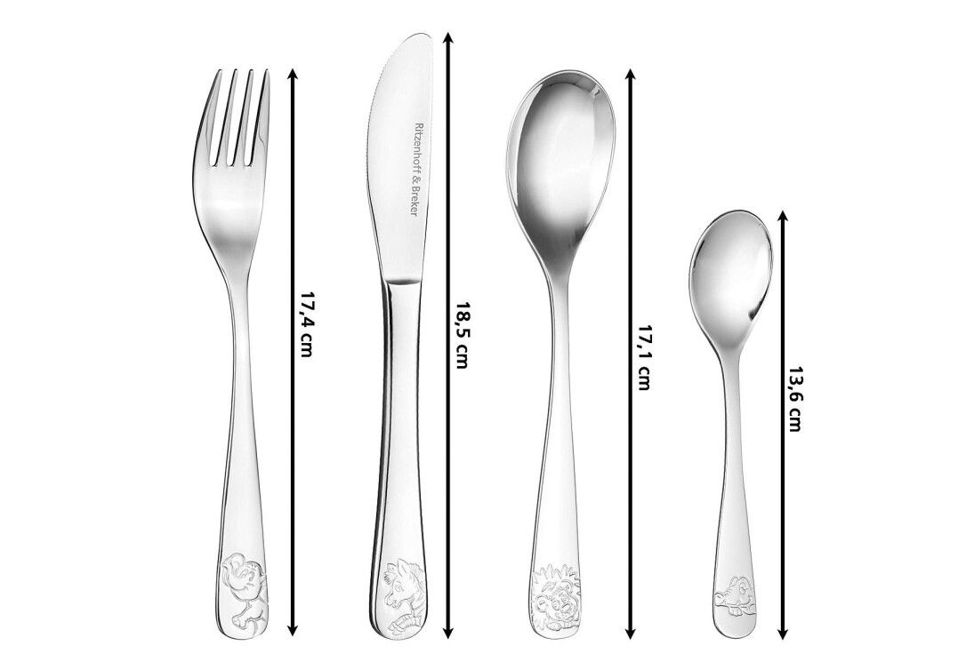 Kinderbesteck-Set mit Gabel, Messer, Löffel und Teelöffel. Größenangaben in cm. Besteck aus Metall.
