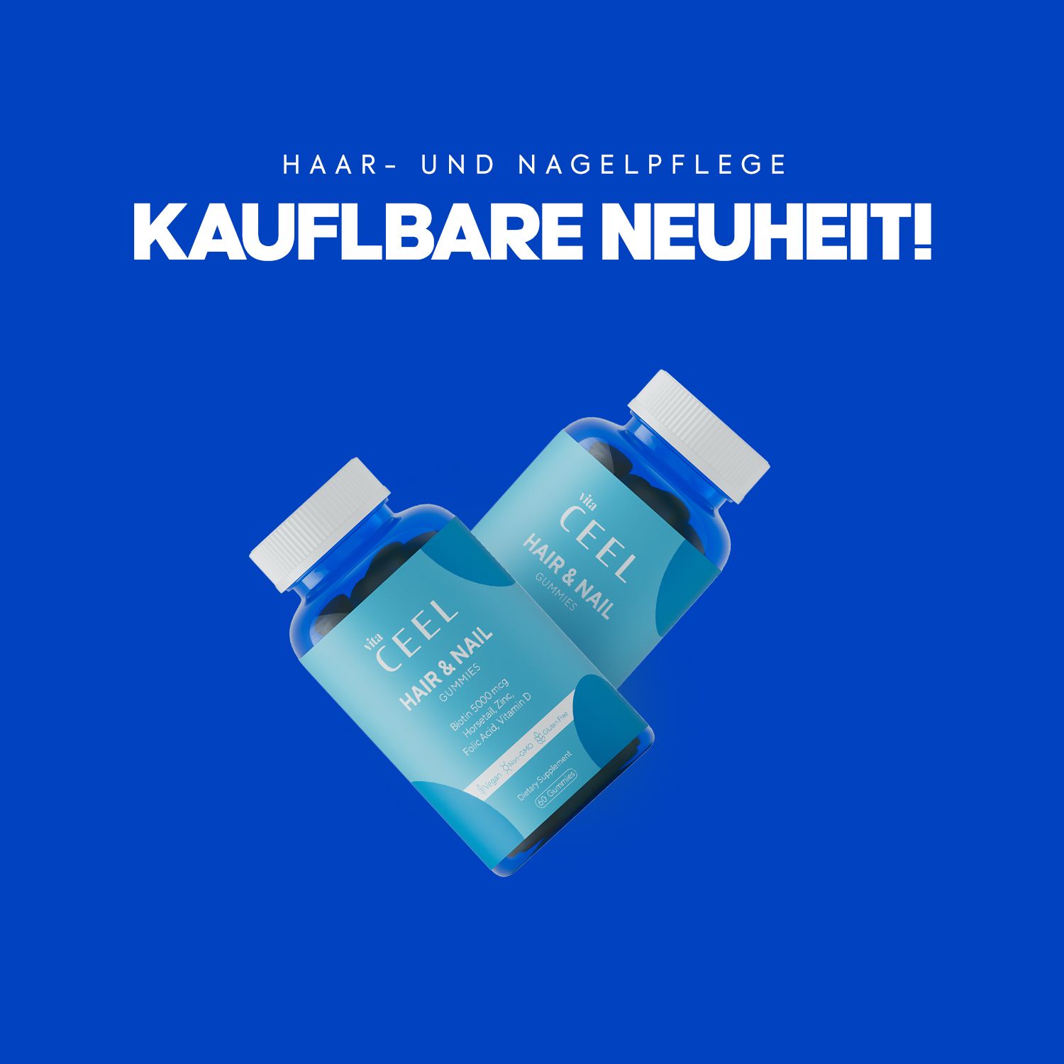 Zwei Flaschen CEEL Hair & Nail Gummis mit weißem Deckel auf blauem Hintergrund.