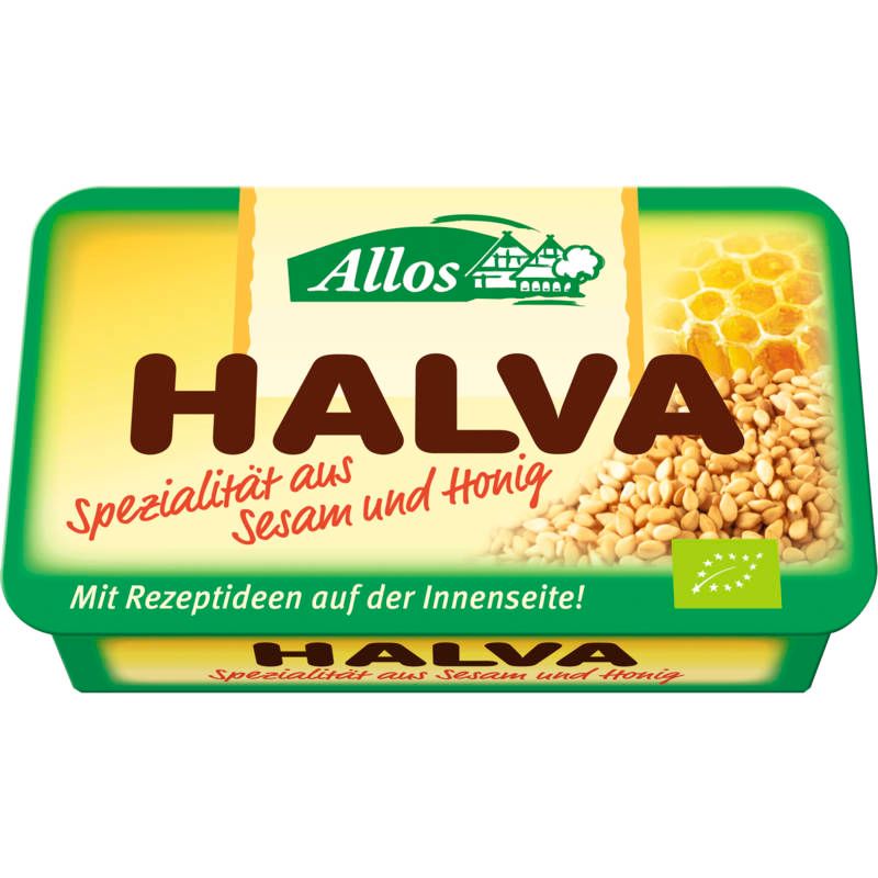Rechteckige Verpackung mit „HALVA“ Schriftzug. „Spezialität aus Sesam und Honig“ steht darunter. Logo von Allos und Bio-Siegel.