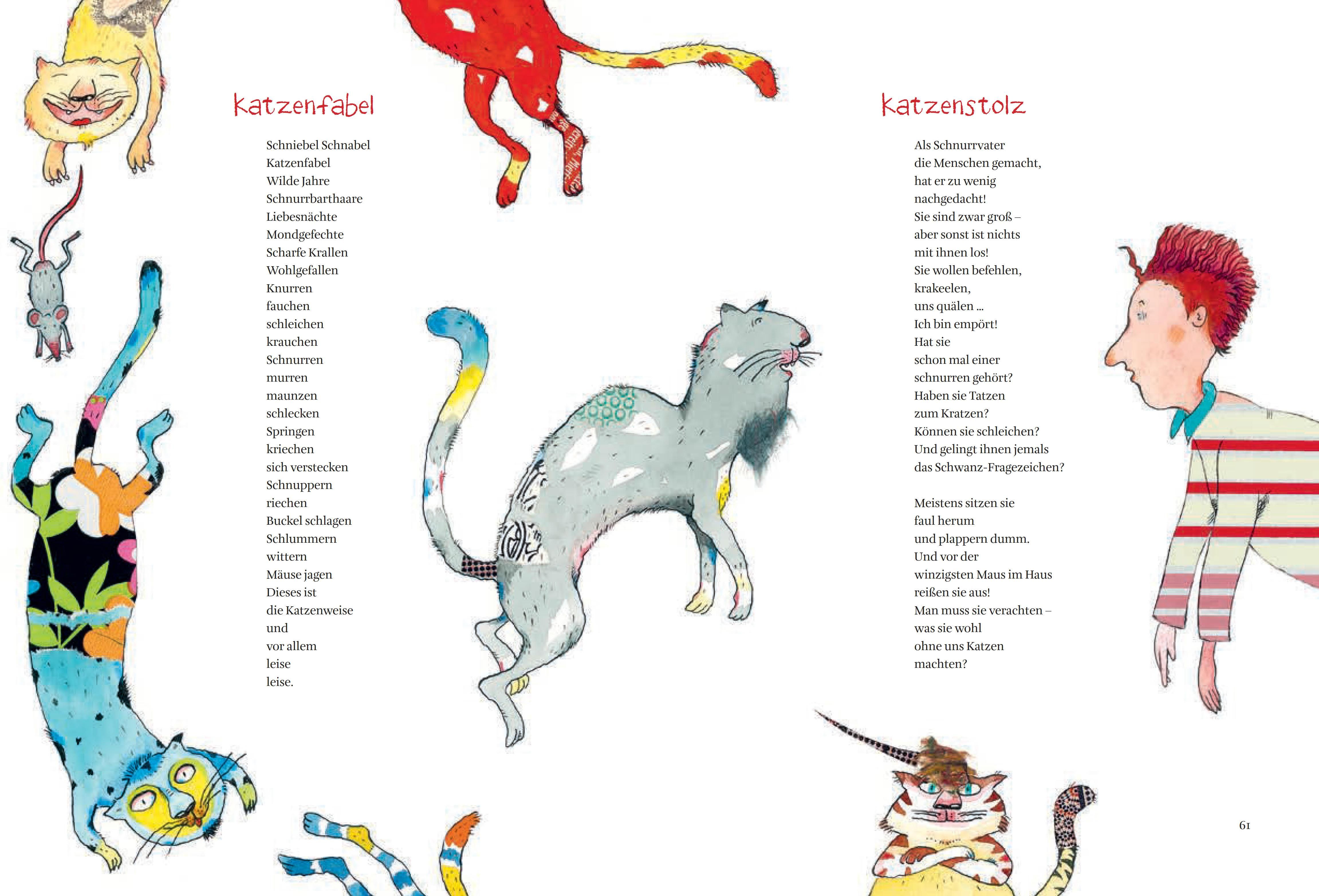 Buchseite mit Illustrationen von Katzen. Text in deutscher Sprache. Verschiedene Katzenfiguren in bunten Farben.