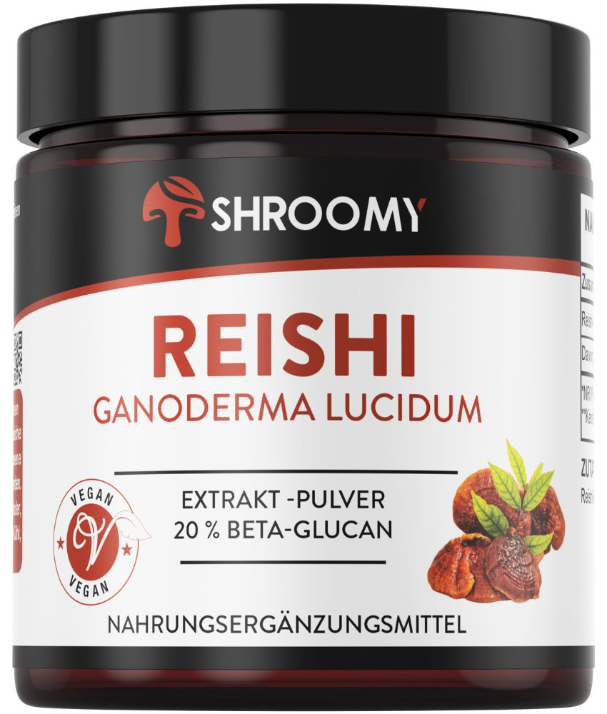 Braune Dose mit weißem Etikett. Aufschrift: SHROOMY, REISHI, GANODERMA LUCIDUM, Extrakt-Pulver, 20% Beta-Glucan. Vegan-Siegel. Abbildung von Pilzen.