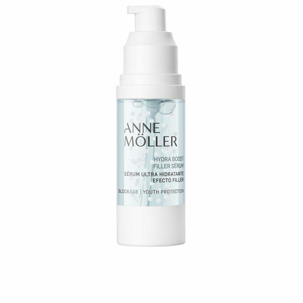 Weiße Flasche mit Pumpe. Aufschrift: Anne Möller, Hydra Boost Filler Serum, Blockâge, Youth Protection.