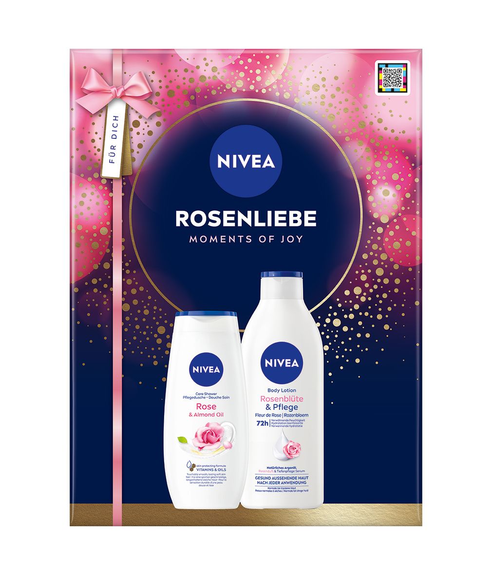 Geschenkset mit NIVEA-Produkten: Duschgel und Body Lotion. Verpackt in einer Geschenkbox mit Schleife. Rosenblüten-Design.