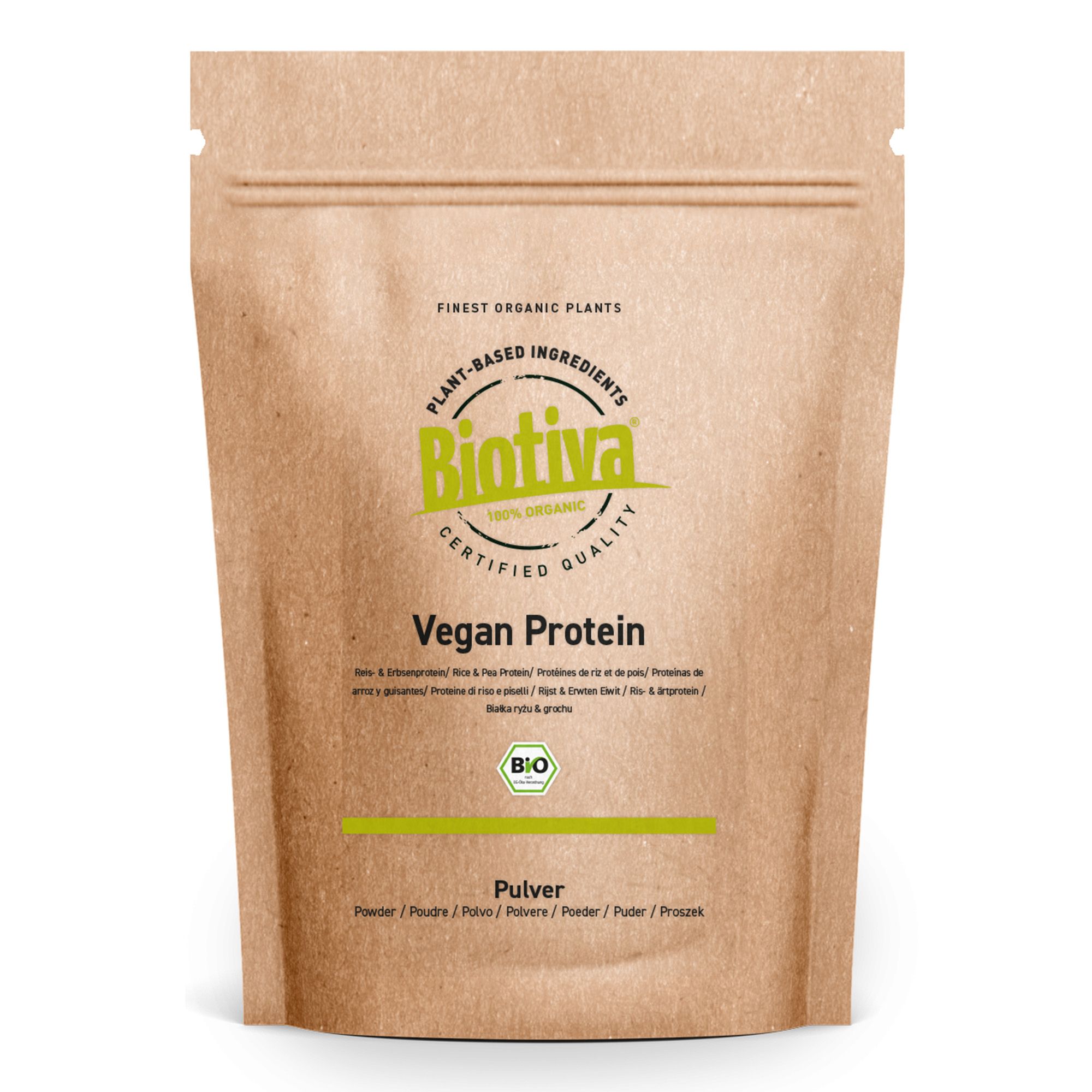Beutel mit Biotiva Vegan Protein Pulver. Braune Papierverpackung mit grünem Logo und Schriftzug. Bio-Zertifizierung.