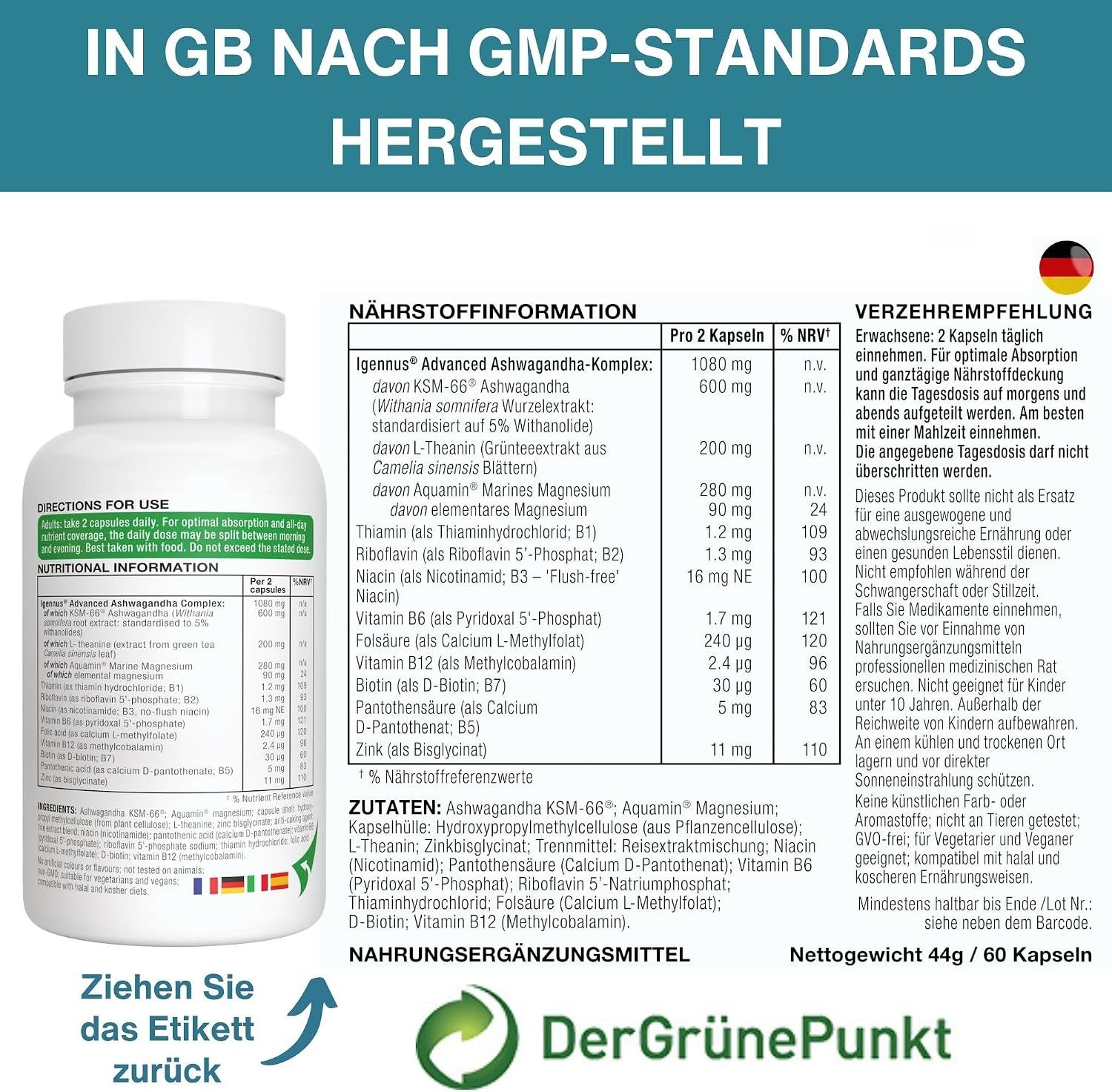 Rückseite der Igennus Ashwagandha Dose mit Inhaltsstoffen und Anwendungshinweisen.