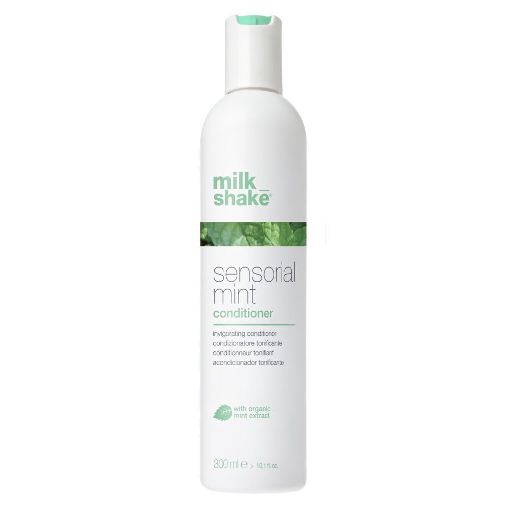Weiße Flasche mit grünem Aufdruck. Beschriftung: milk_shake, sensorial mint conditioner. Enthält Minzextrakt. Volumen: 300 ml.