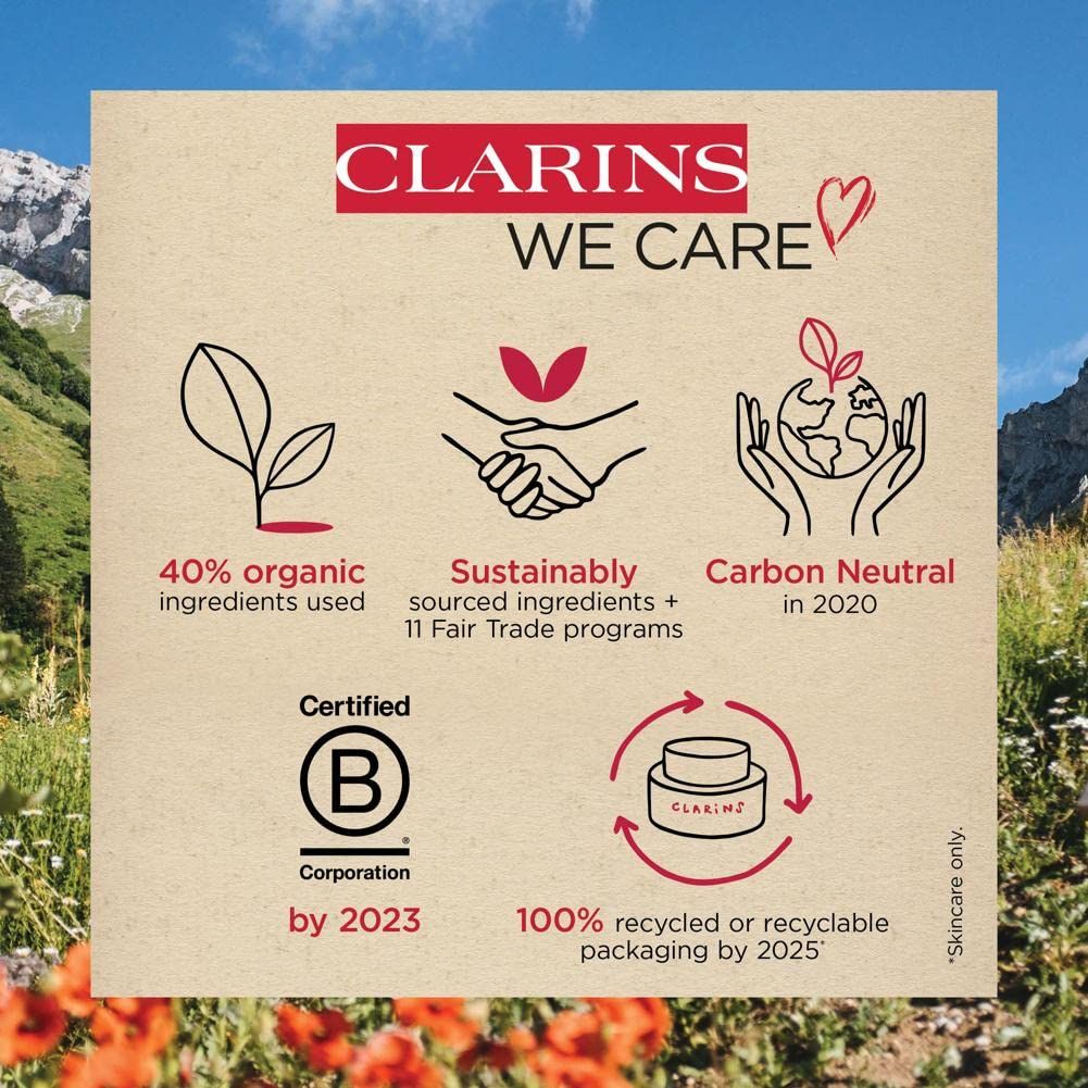 Infografik mit Clarins-Logo, Texten über Nachhaltigkeit und Zertifizierungen. B Corp-Zertifizierung.