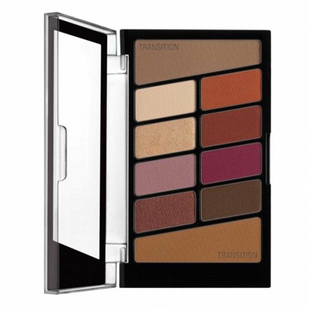 Lidschatten-Palette mit 10 Farbtönen. Schwarze Verpackung mit Spiegel. Verschiedene Rosé- und Brauntöne. Aufschrift "Transition".