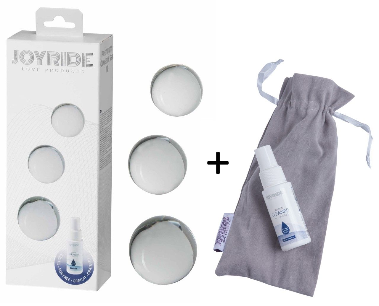 Set mit drei Glaskugeln, Reiniger und Beutel. Verpackung mit Produktnamen. Kugeln in Box und daneben.