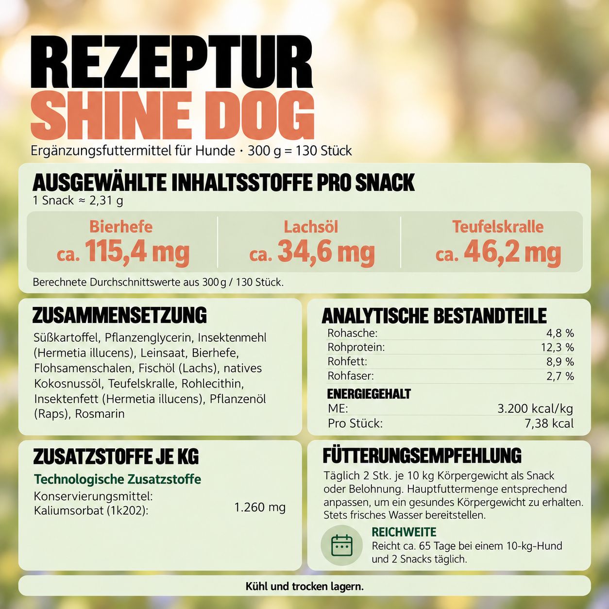 Rezeptur Shine Dog: Ergänzungsfuttermittel für Hunde. Enthält Bierhefe, Lachsöl und Teufelskralle.