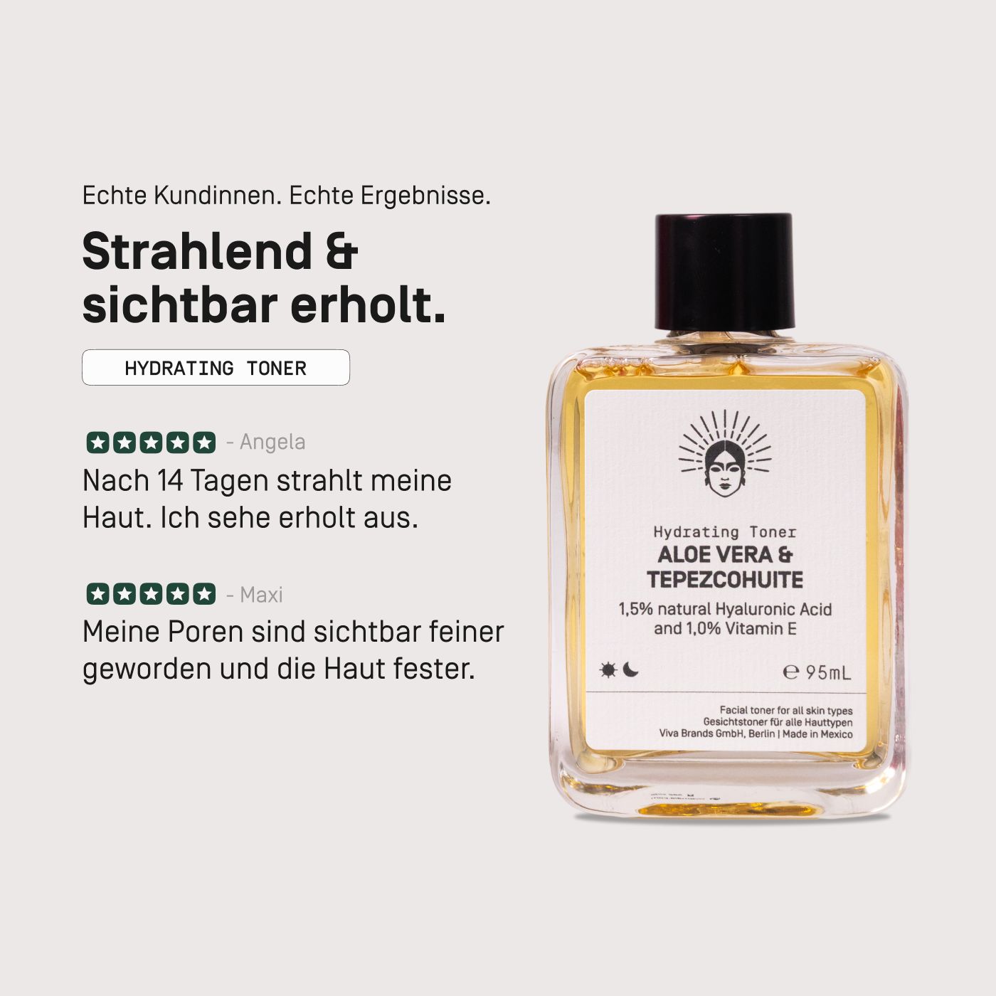 Viva Maia Hydrating Toner Flasche neben Kundenbewertungen über strahlende Haut.