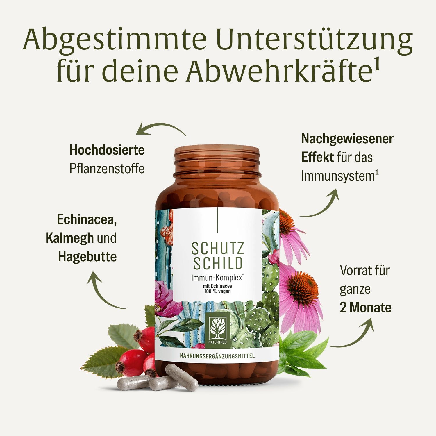 Braune Glasflasche mit Schutz Schild Immun-Komplex Kapseln, umgeben von Echinacea und Hagebutten.