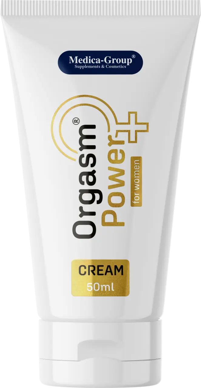 Weiße Creme-Tube. Aufschrift: Orgasm Power for women, Creme. Marke: Medica-Group. Goldfarbenes Logo und Text.