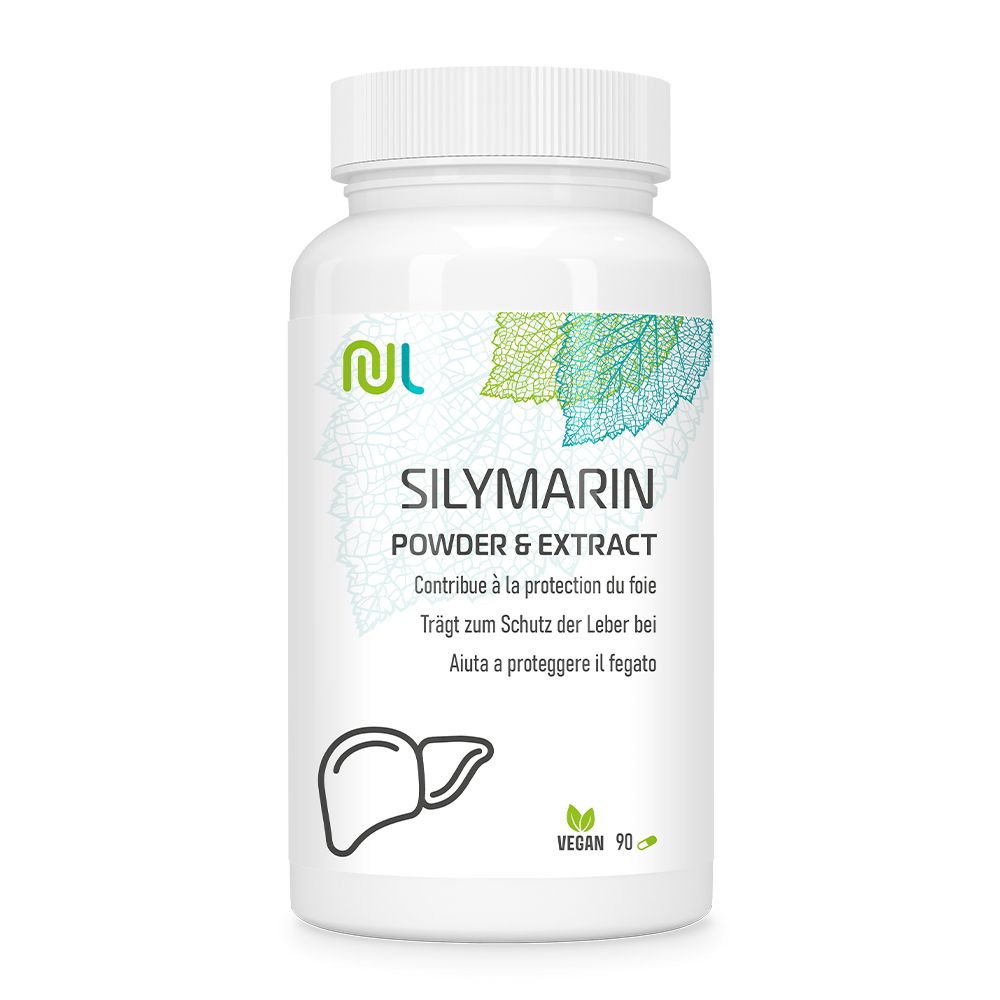 Weiße Flasche mit Kapseln. Aufschrift: Silymarin Powder & Extract. Vegan-Siegel und Leber-Symbol. Text in Deutsch, Französisch und Italienisch.