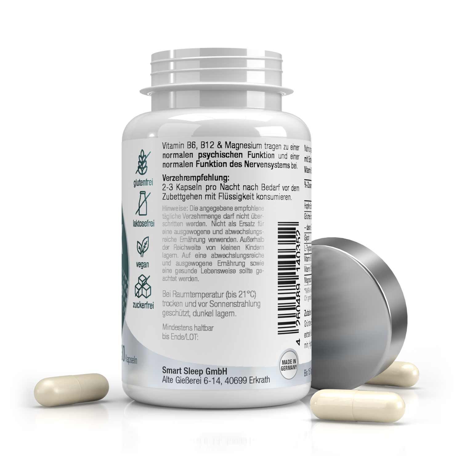 Weiße Flasche mit silbernem Deckel und Kapseln. Rückseite mit Text. Aufschrift: smartsleep. Enthält Vitamin B6, B12 und Magnesium.