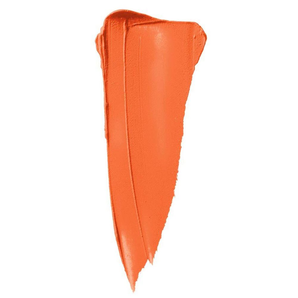 Orangener Lippenstift-Swach. Creme-Textur. Vertikale, unregelmäßige Form. Auf weißem Hintergrund.