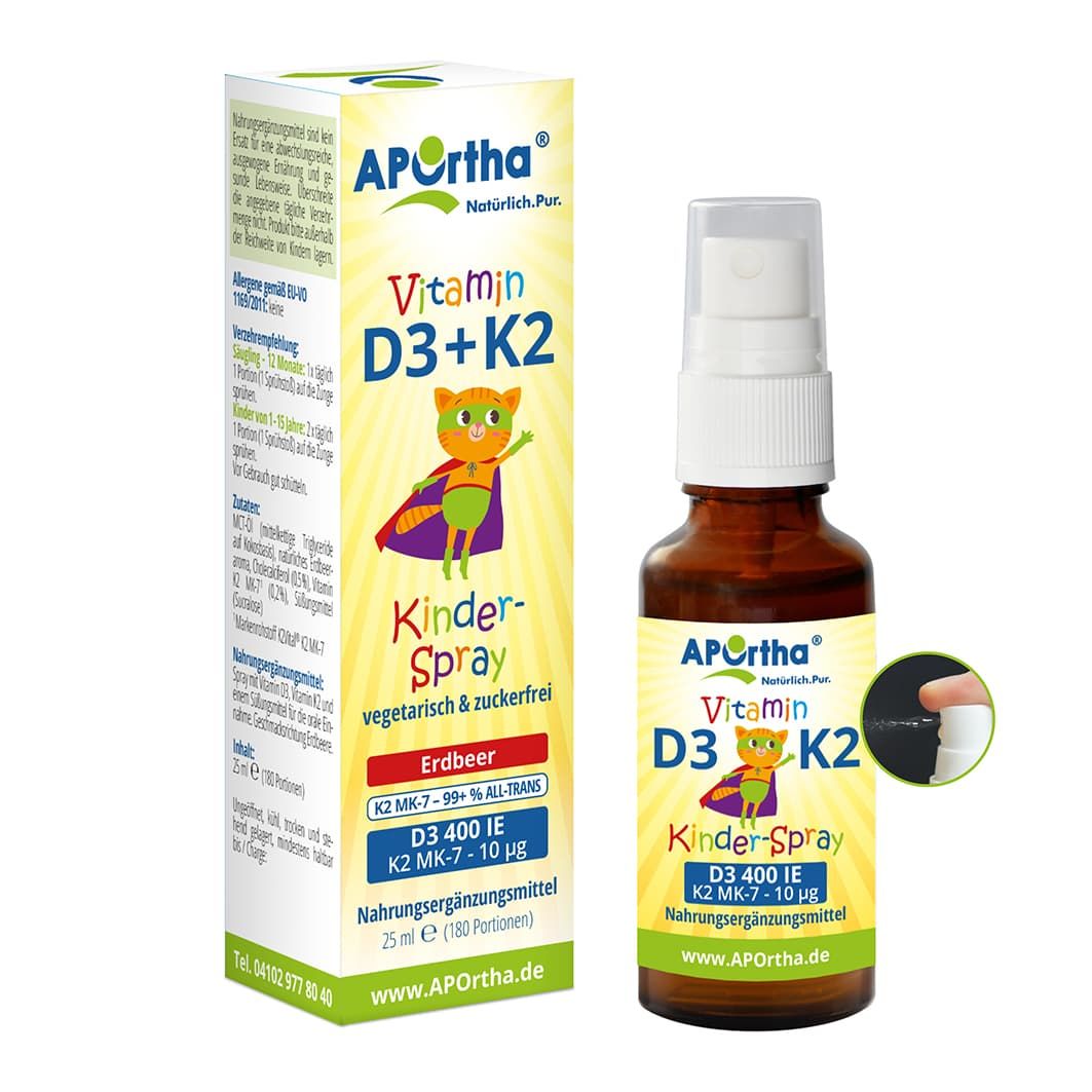 APOrtha Vitamin D3 + K2 Kinder-Spray. Flasche und Verpackung. Erdbeergeschmack. Enthält D3 400 IE, K2 MK-7 10 µg. Vegetarisch.