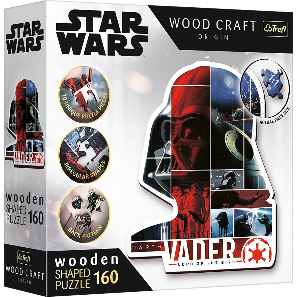 Trefl Holzpuzzle Star Wars Darth Vader. 160 Teile. Verpackung zeigt das Puzzle und Details. Holzpuzzle in Darth Vader Form.