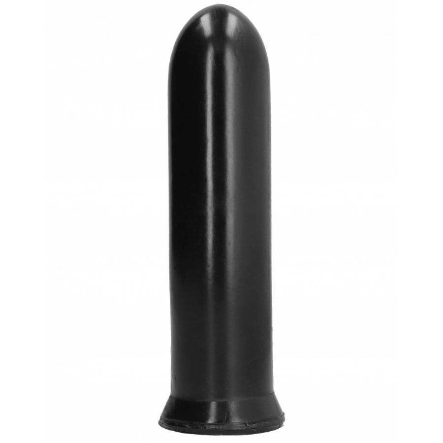 Schwarzer Dildo. Zylindrische Form mit abgerundeter Spitze und breiter Basis. Glatte Oberfläche.