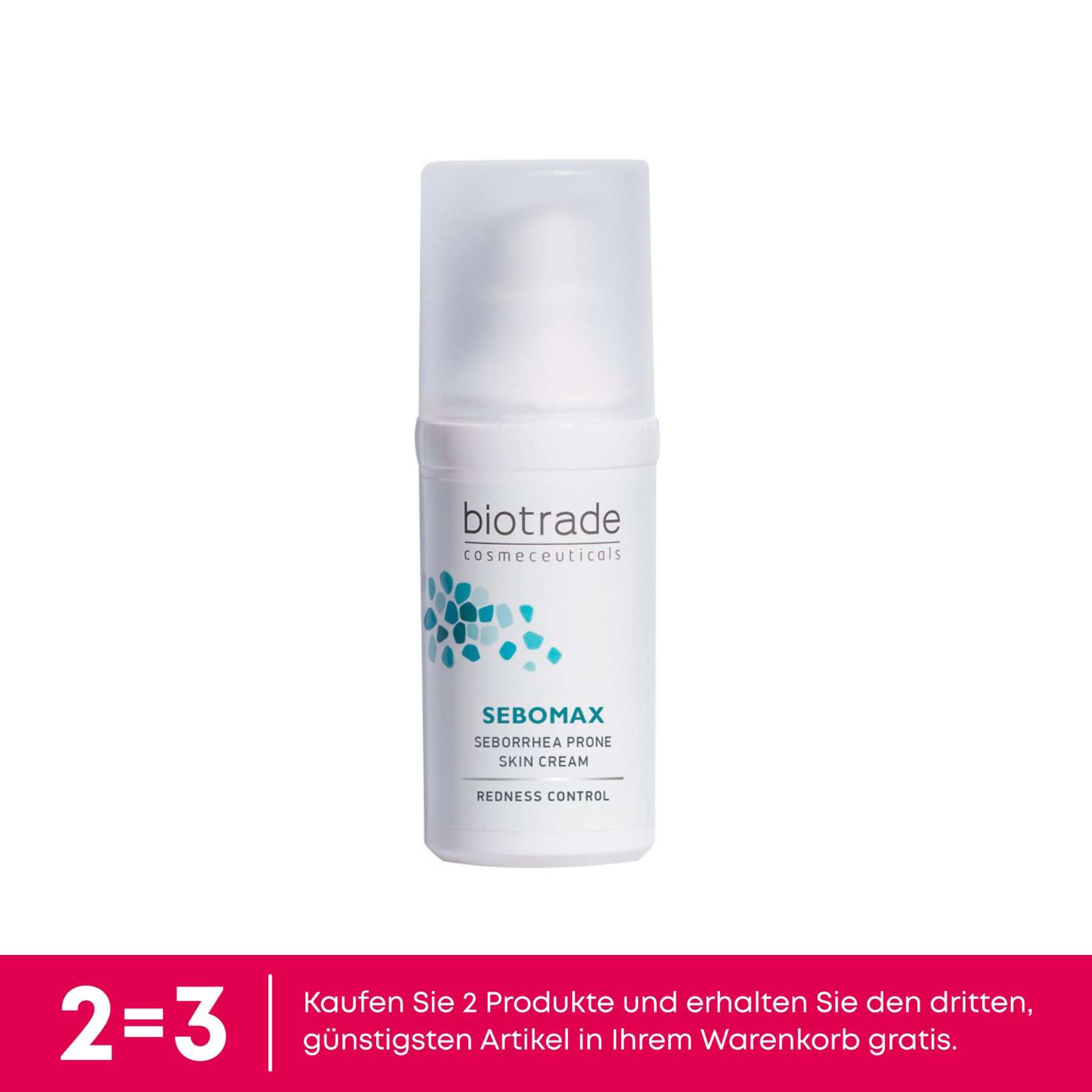Weiße Flasche mit Sprühkopf. Aufschrift: biotrade, Sebomax, Seborrhea Prone Skin Cream, Redness Control. Angebot: 2=3.