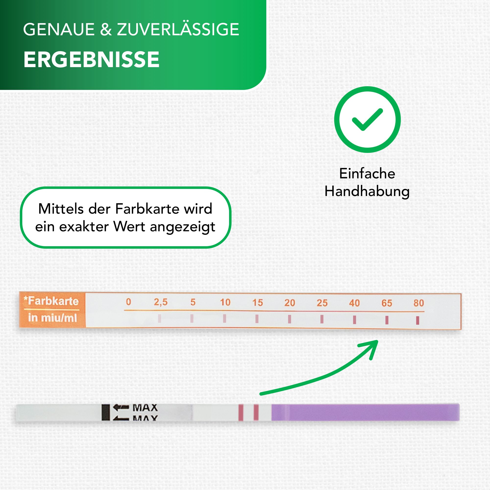 Ovulationstest-Streifen mit Farbskala und Ergebnisanzeige. Grüne Markierungen und Pfeil. Text: "Genaue & zuverlässige Ergebnisse".
