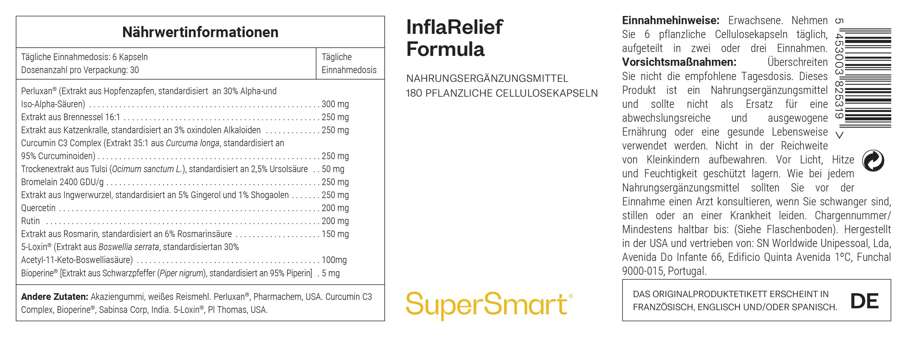 Etikett mit Nährwertinformationen und Anweisungen. Produktname: InflaRelief Formula. Marke: SuperSmart. 180 pflanzliche Zellulosekapseln.