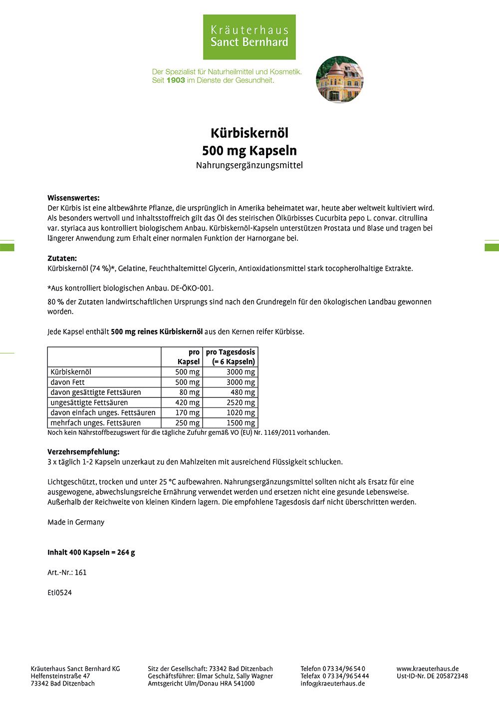 Sanct Bernhard Kürbiskernöl 500 mg Kapseln