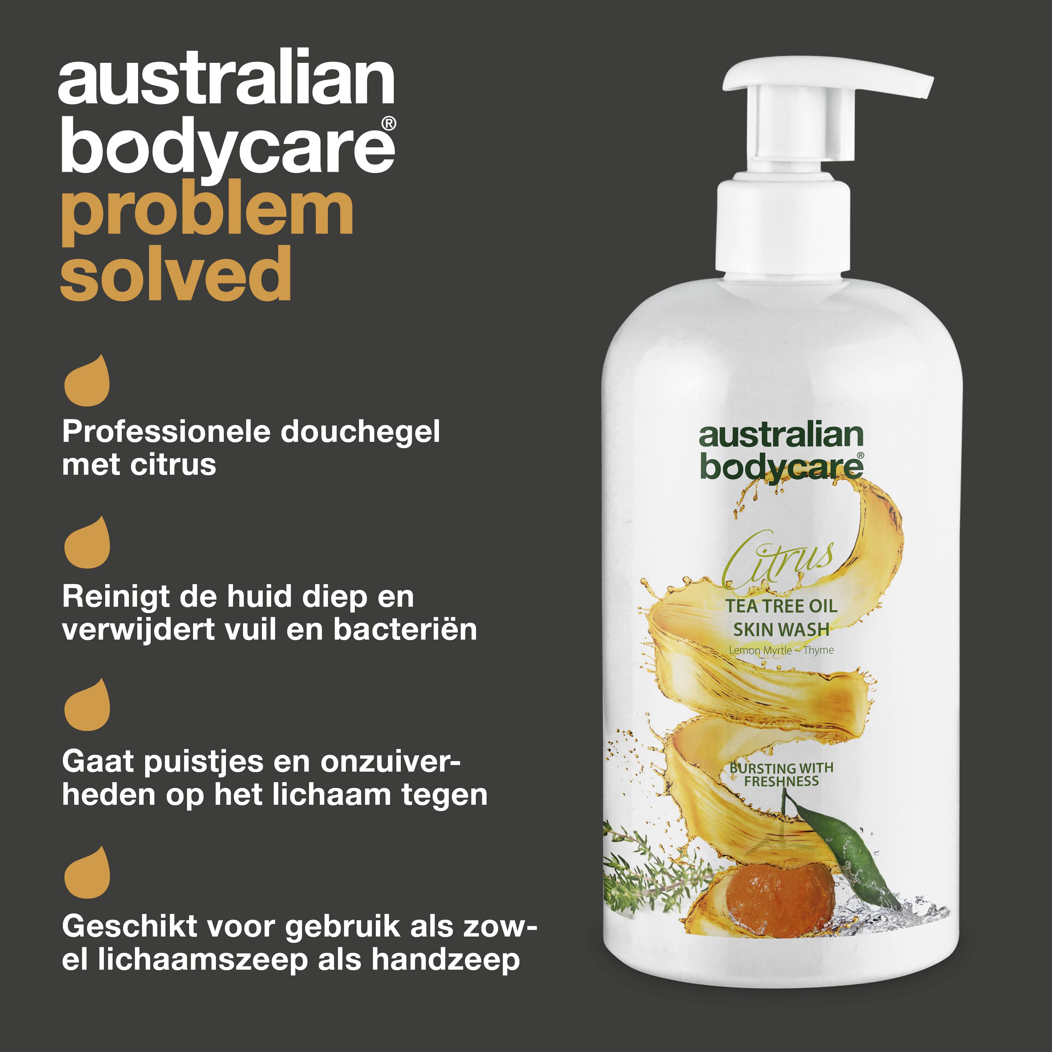 Fles Australian Bodycare Citrus Skin Wash. Tekst: Professionele douchegel met citrus. Gaat puistjes en onzuiverheden tegen.