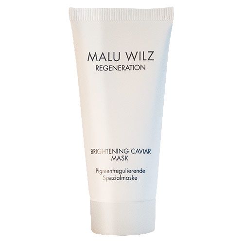 Weiße Tube mit Produkttext. Oben steht MALU WILZ REGENERATION. Darunter: BRIGHTENING CAVIAR MASK. Spezialmaske.