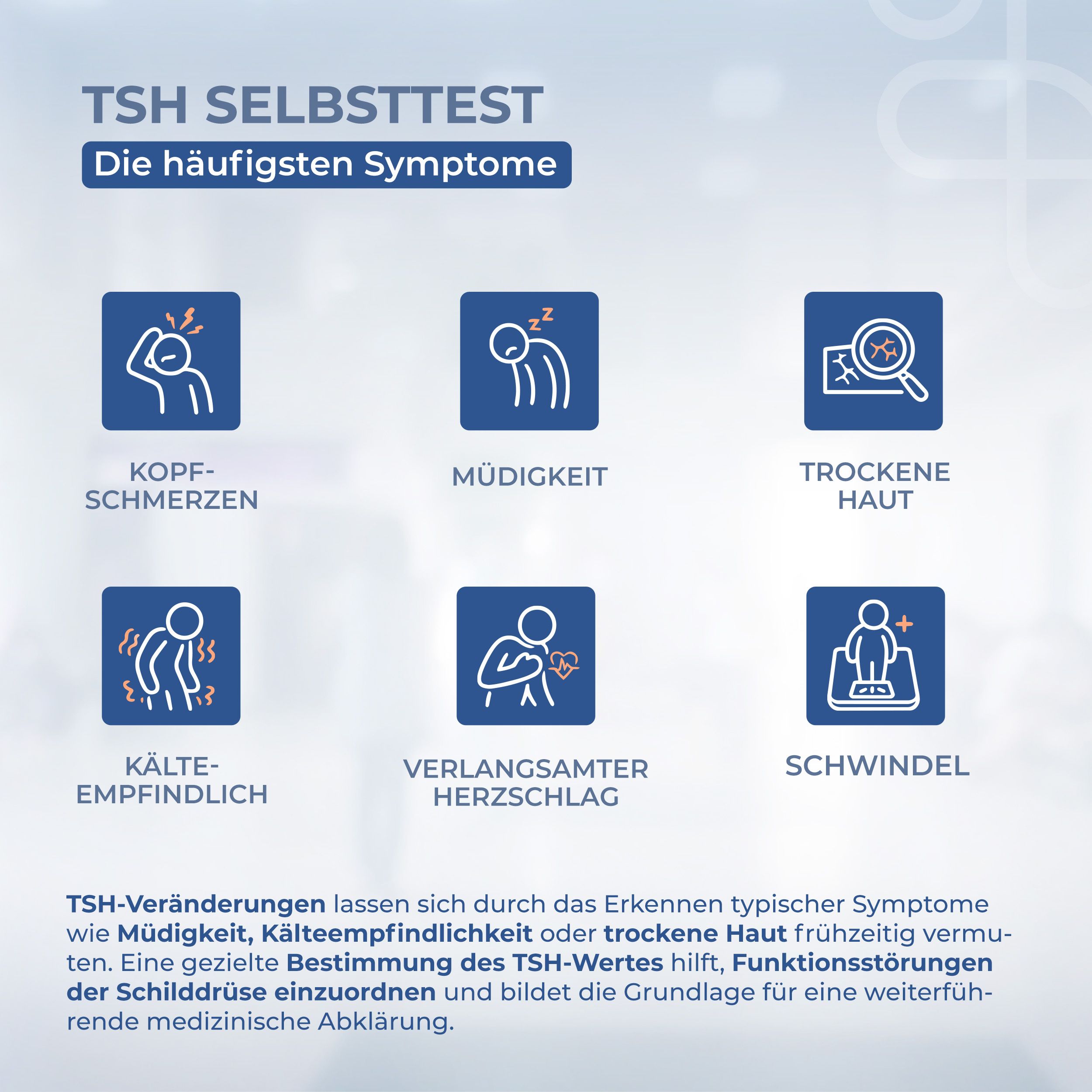 Symptome: Kopfschmerzen, Müdigkeit, trockene Haut, Kälteempfindlichkeit, etc. Text: TSH-Wert bestimmen.