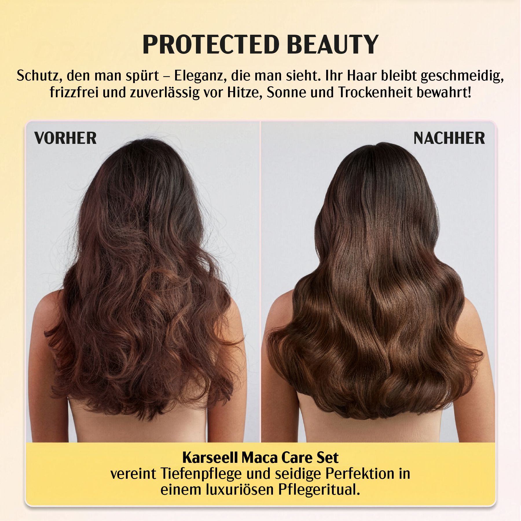 Vorher-Nachher-Vergleich. Frau mit krausem Haar, dann glattem Haar. Karseell Maca Care Set Text.