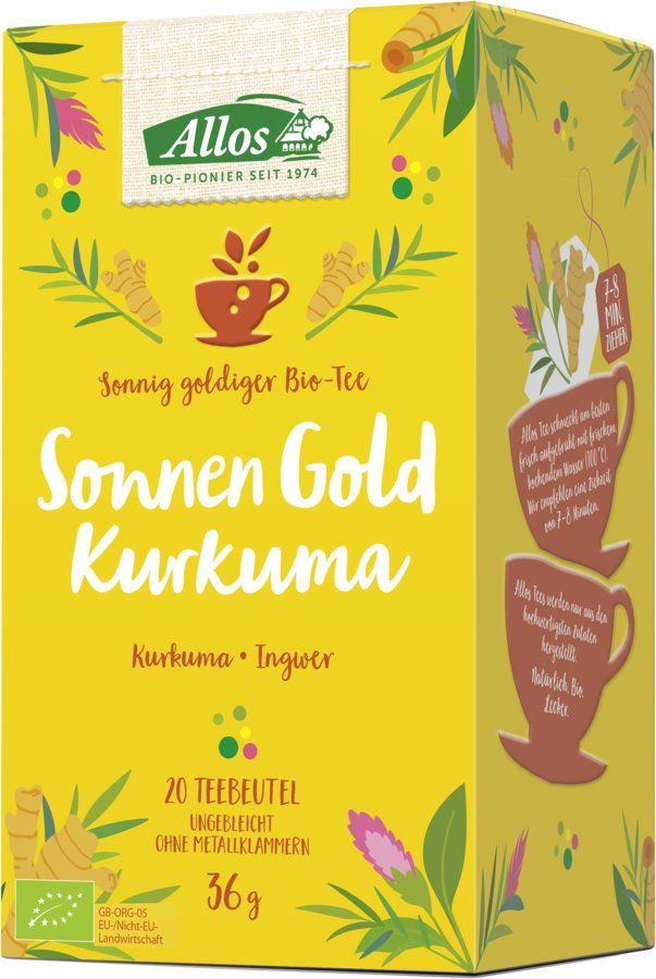 Gelbe Verpackung mit "Allos Sonnen Gold Kurkuma"-Aufdruck. Enthält 20 Teebeutel. Bio-Siegel. Aufschrift: Kurkuma, Ingwer.
