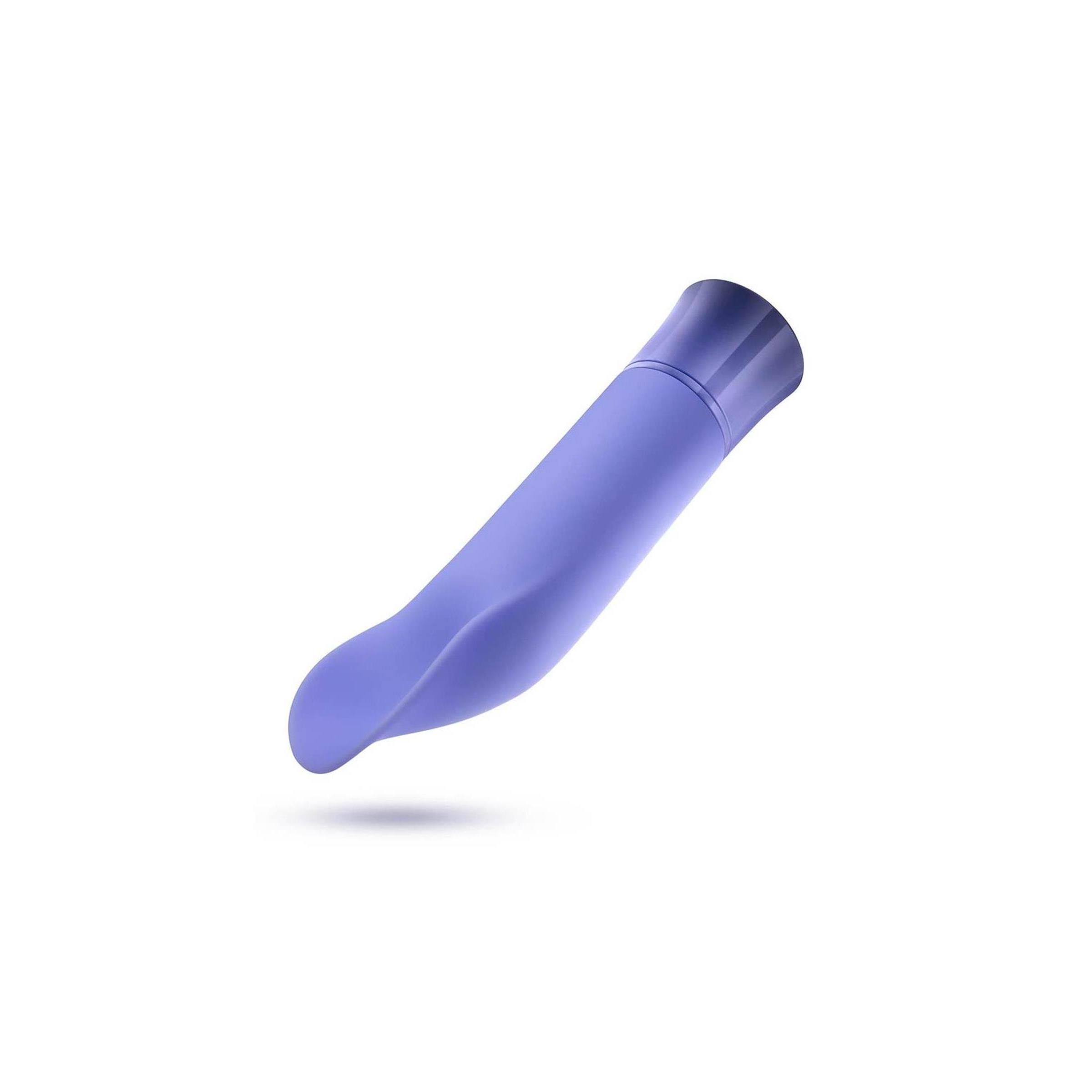 Lila Vibrator. Gebogene Form mit abgerundeter Spitze und geriffelter Basis. Unterseite mit geometrischem Muster.