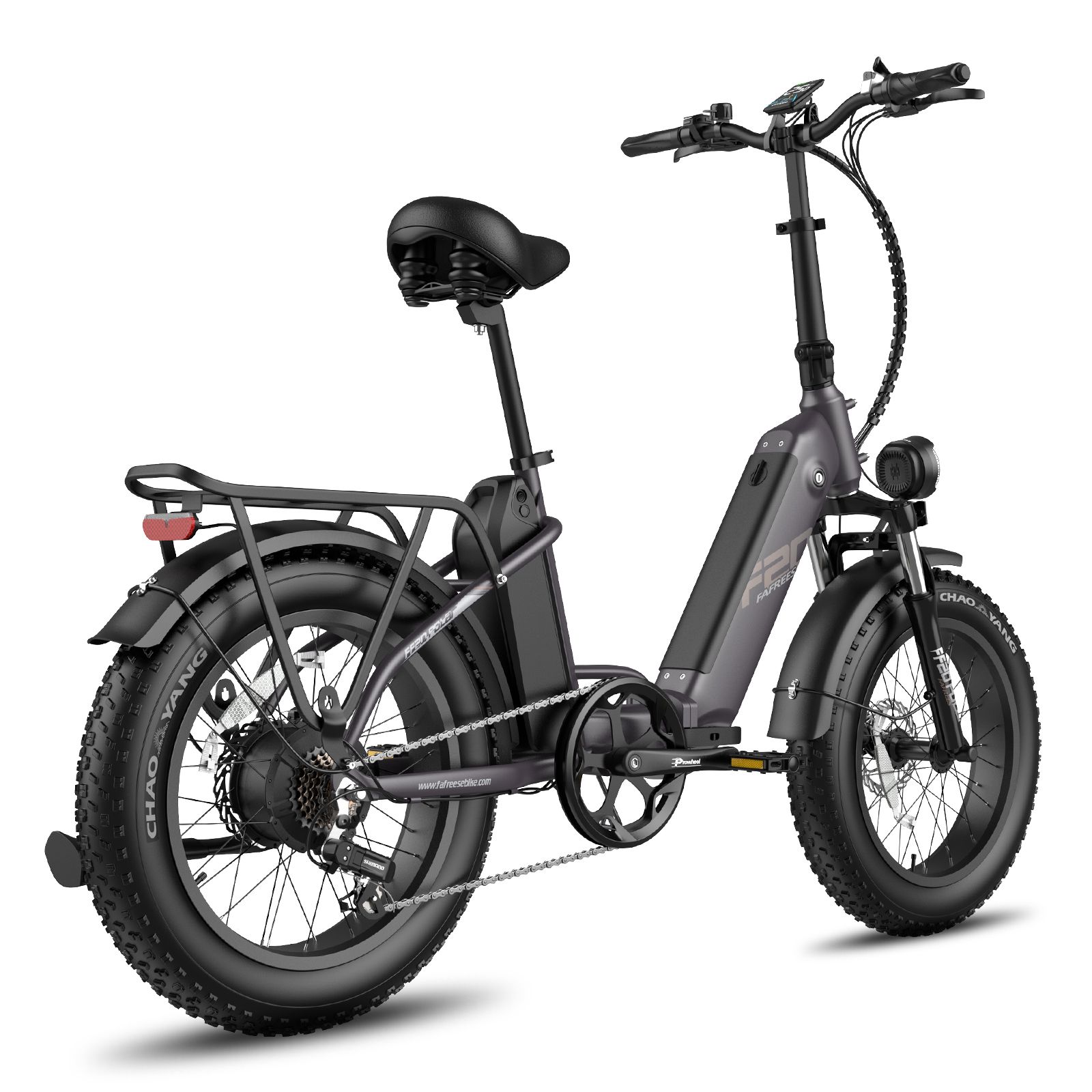 Graues Klapp-E-Bike mit breiten Reifen, Gepäckträger und Rücklicht. Akku am Rahmen.