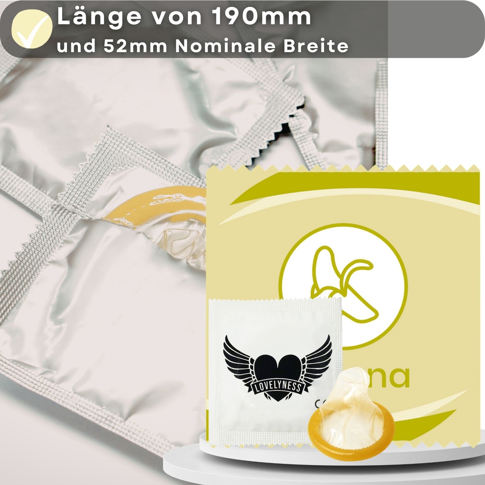 Gelbe Produktbox mit Text: Banane, 48 Stück. Logo: Lovelyness mit Flügeln.