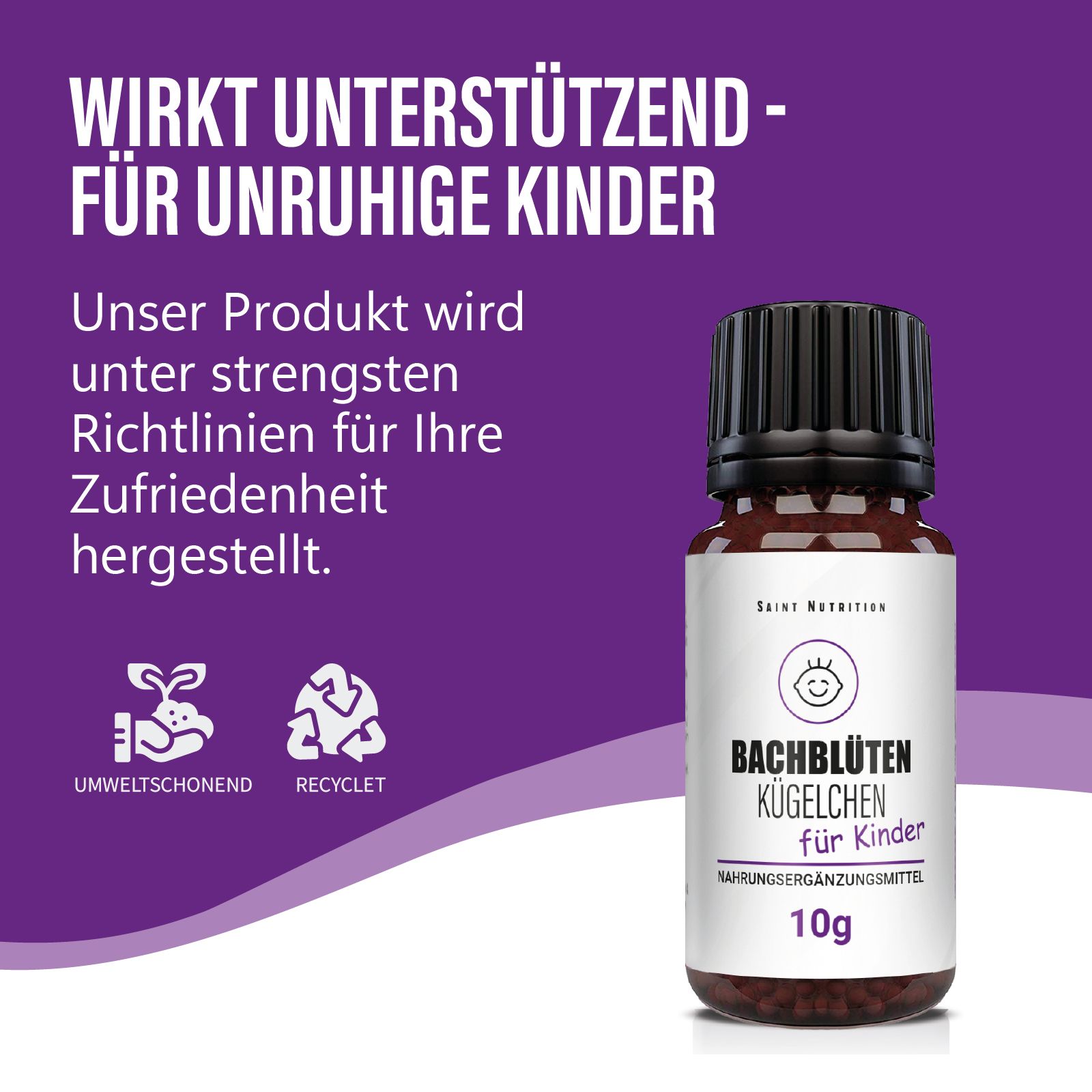 Produktflasche vor lila Hintergrund. Text: "Wirkt unterstützend - für unruhige Kinder". Logos für umweltschonend und recycelt.