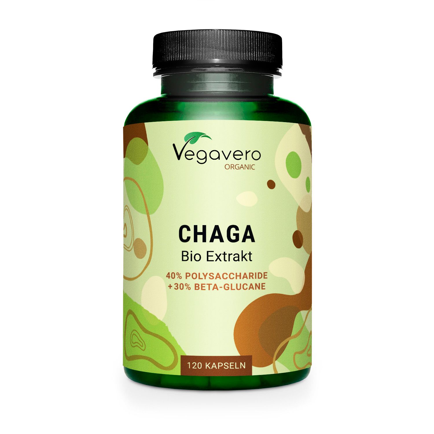 Grüne Flasche mit schwarzen Deckel. Aufschrift: Chaga Bio Extrakt, 120 Kapseln. Marke: Vegavaro Organic.