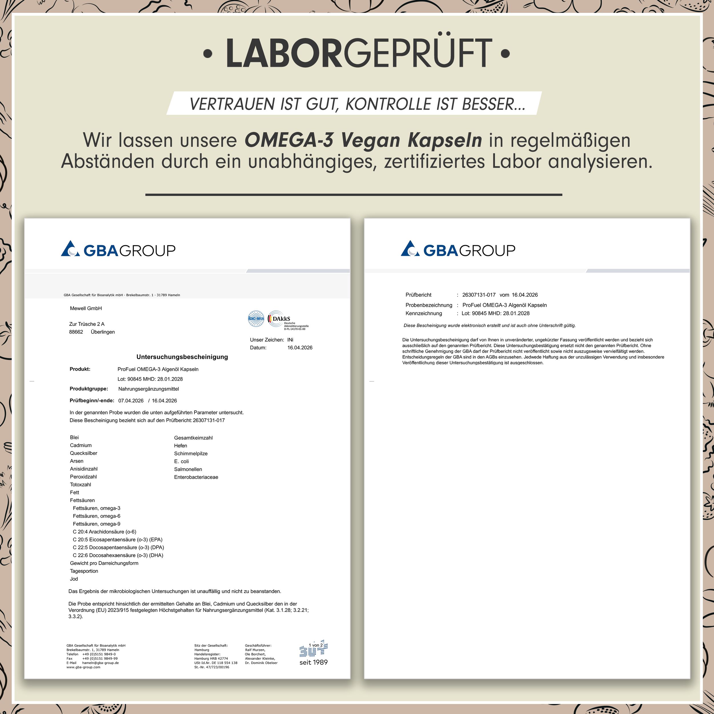 Zwei Laborzertifikate. Dokumente mit Text und Logos. GBA Group Logo. Informationen über die Analyse von Omega-3 Vegan Kapseln.