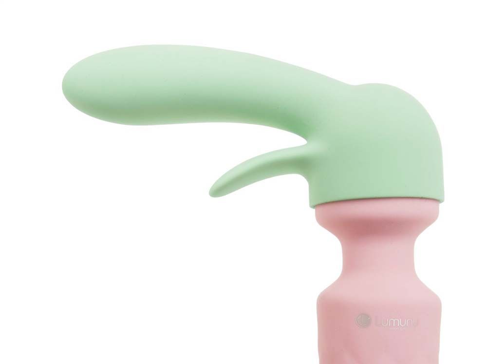 Zweifarbiges Massagegerät. Oberteil mintgrün, Unterteil rosa. Form: gebogen mit Zungenform.