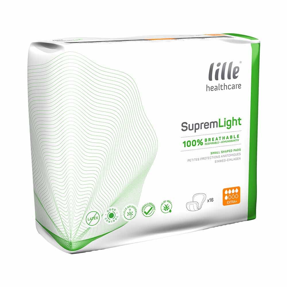 Verpackung mit Inkontinenzeinlagen. Marke Lille Suprem Light. 100% atmungsaktiv. 16 Stück. Grüne und weiße Verpackung.