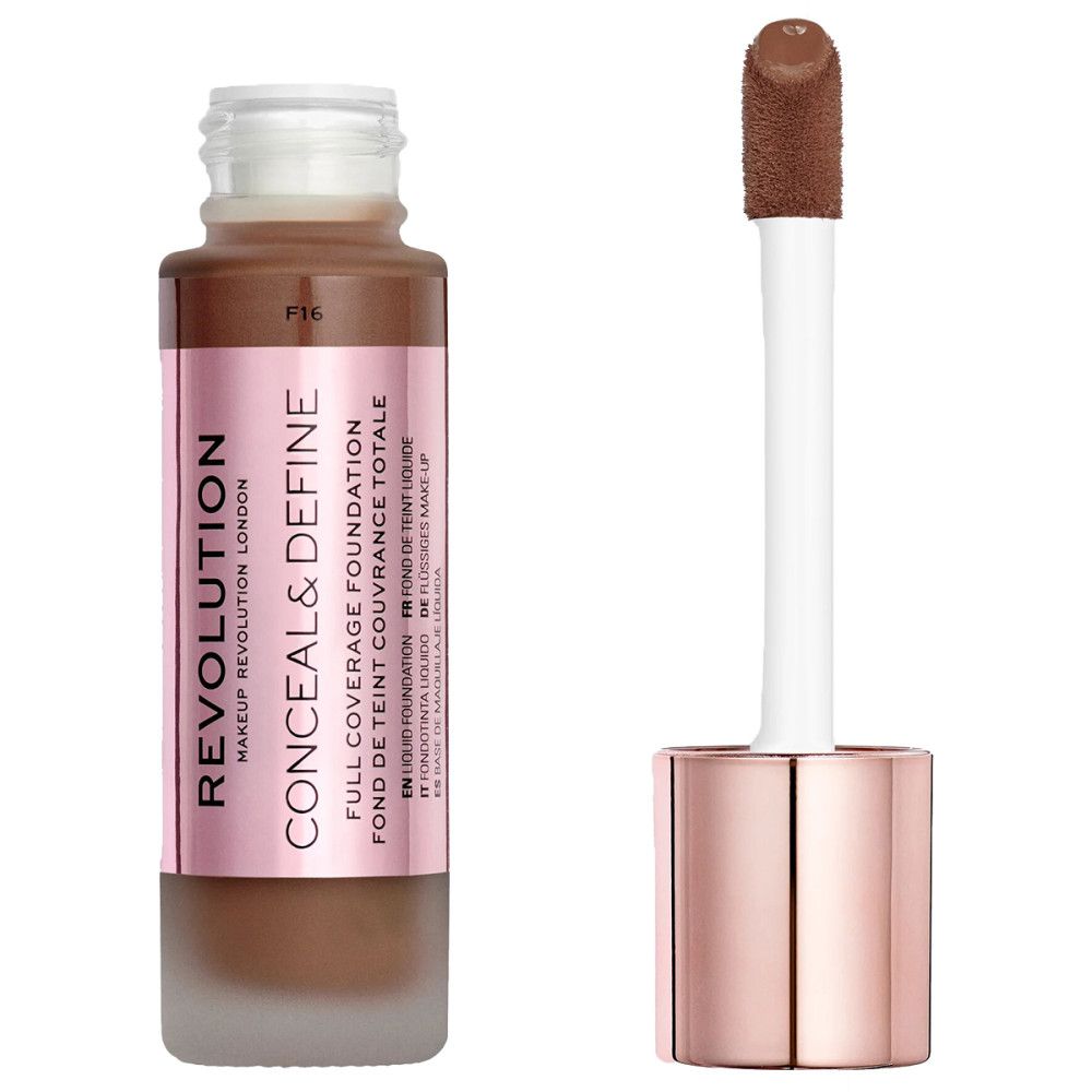 Flüssige Foundation in Glasflasche mit Applikator. Rosa Etikett mit Produktname und Marke. Farbton F16.