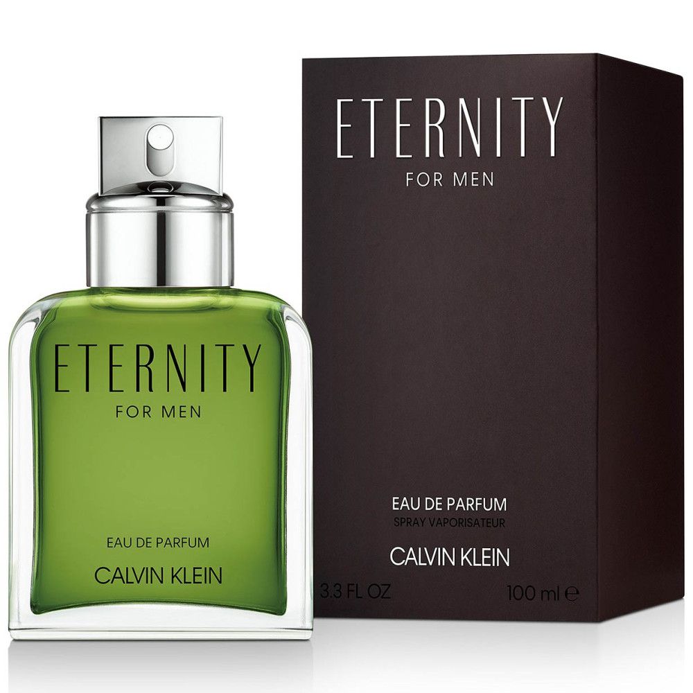 Glasflakon und Verpackung. Aufschrift: ETERNITY FOR MEN, Eau de Parfum, CALVIN KLEIN. 100 ml.